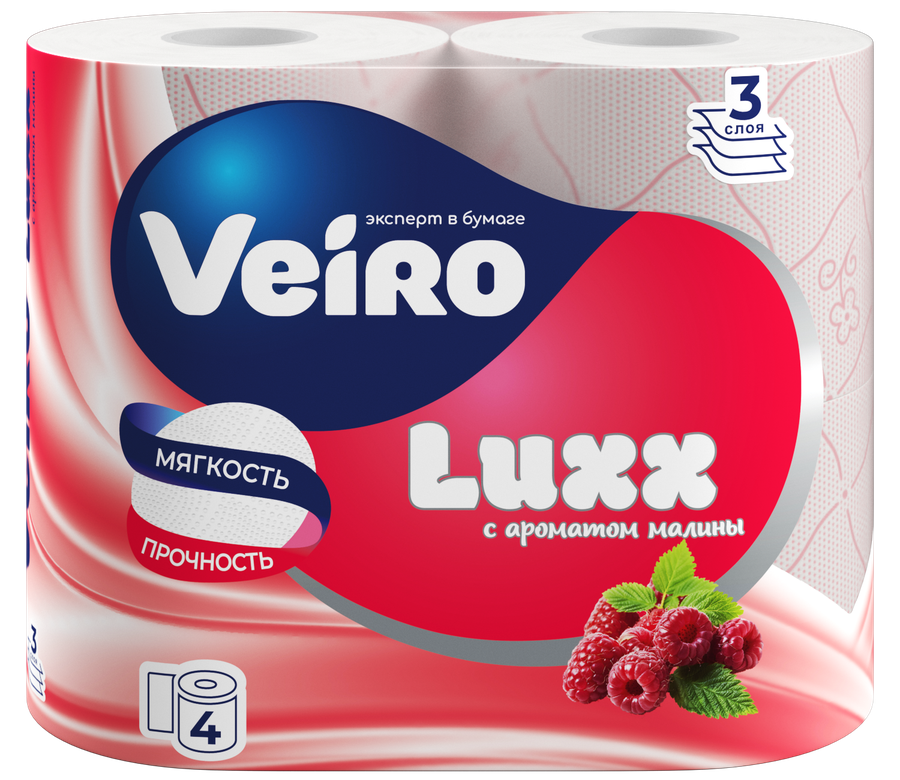 Бумага туалетная Veiro Luxx с ароматом малины, 3 слоя, 4 рулона