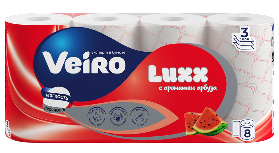 Бумага туалетная Veiro Luxx с ароматом арбуза, 3 слоя, 8 рулонов