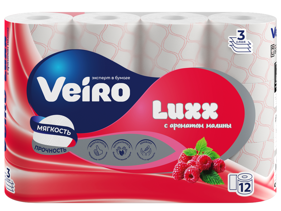 Бумага туалетная Veiro Luxx с ароматом малины, 3 слоя, 12 рулонов