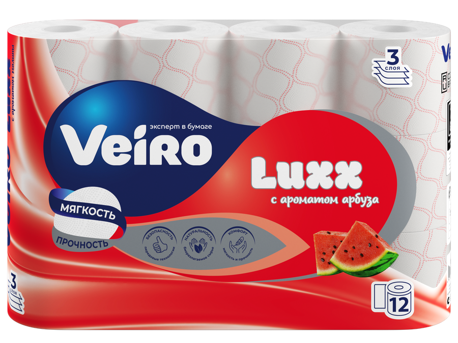 Бумага туалетная Veiro Luxx с ароматом арбуза, 3 слоя, 12 рулонов
