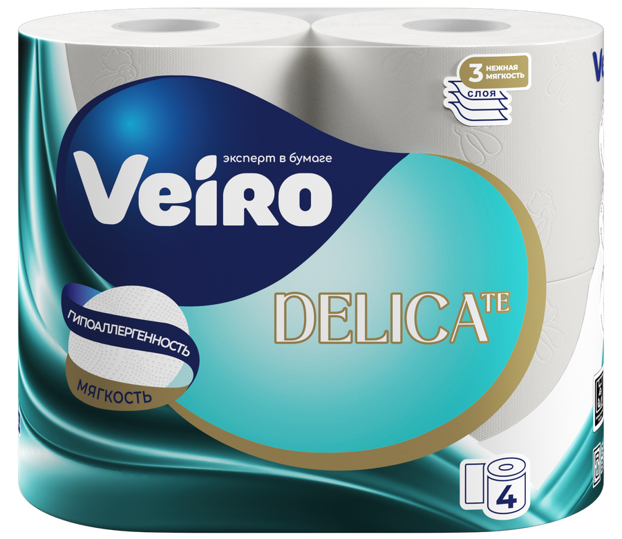 Бумага туалетная Veiro DELICATE, 3 слоя, 4 рулона