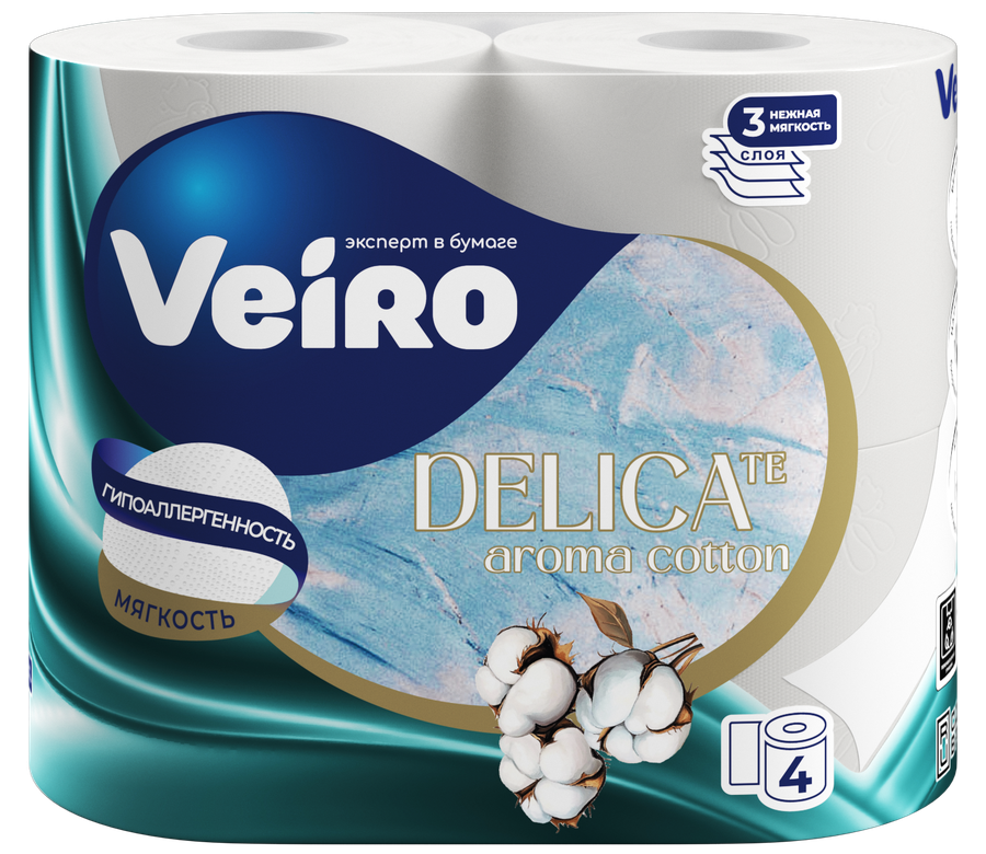 Бумага туалетная Veiro DELICATE с ароматом хлопка, 3 слоя, 4 рулона