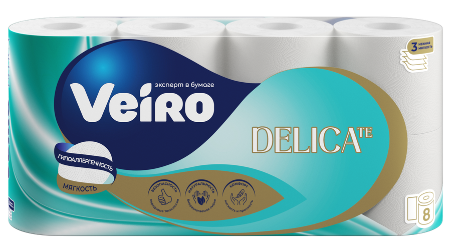 Бумага туалетная Veiro DELICATE, 3 слоя, 8 рулонов