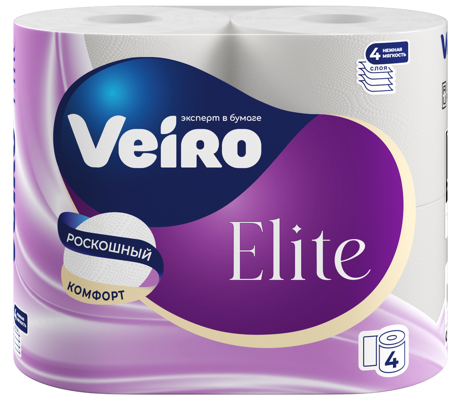 Бумага туалетная Veiro Elite, 4 слоя, 4 рулона