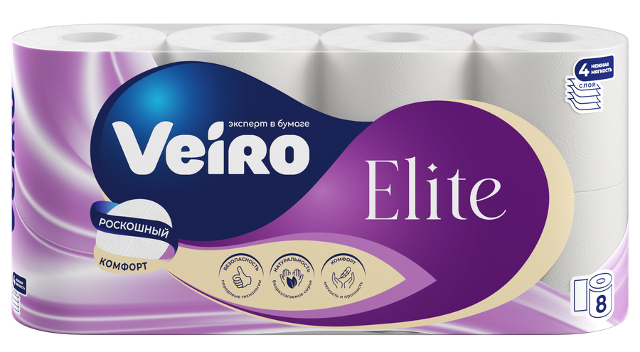 Бумага туалетная Veiro Elite, 4 слоя, 8 рулонов